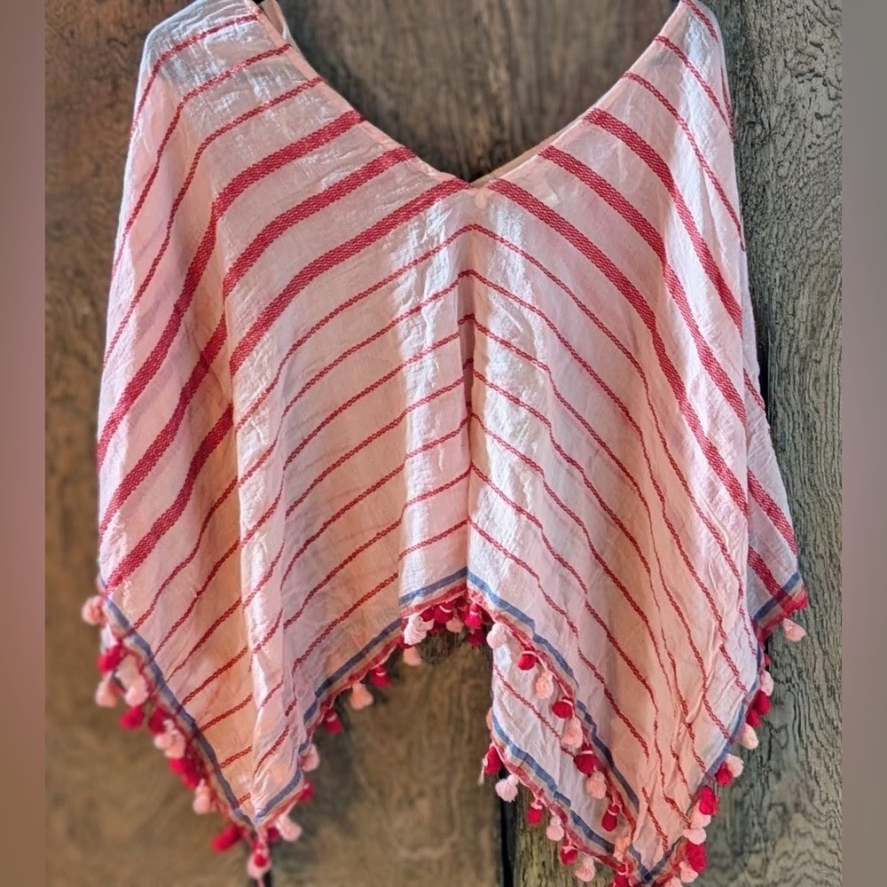 Lovestitch Cotton Beach Cover Up Poncho One Size Fits All V Neck Pink & Cherry